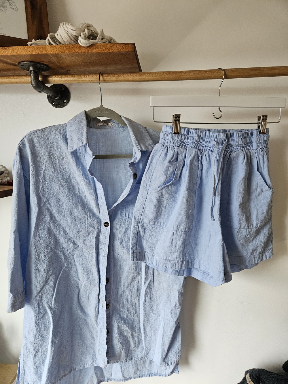 Light Blue Button-Down Shirt and Elastic Waist Shorts Set
